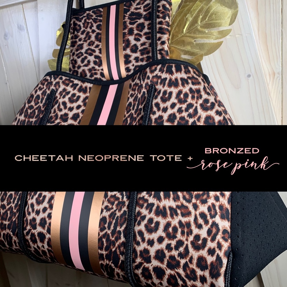 Neoprene Tote Bag Cheetah + Metallic Bronze Baby Pink & Black Stripes waterproof